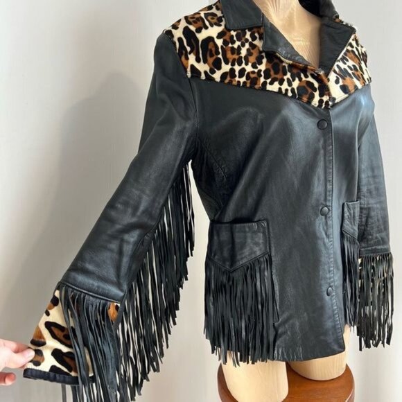 Vintage Jackets & Blazers - Vintage 1980’s Fringe Motorcycle Leather Fur Jacket Leopard Pony Hair Small